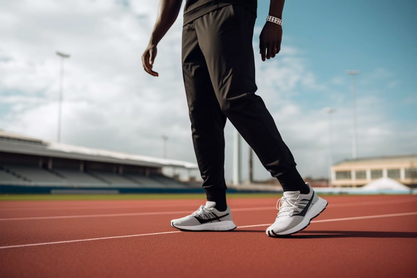 Runner in black pants and white sneakers on a red track
