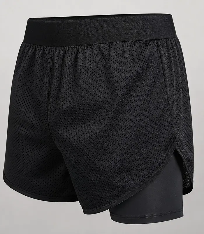 Black 2-in-1 running shorts for women with a perforated outer layer and built-in compression shorts.