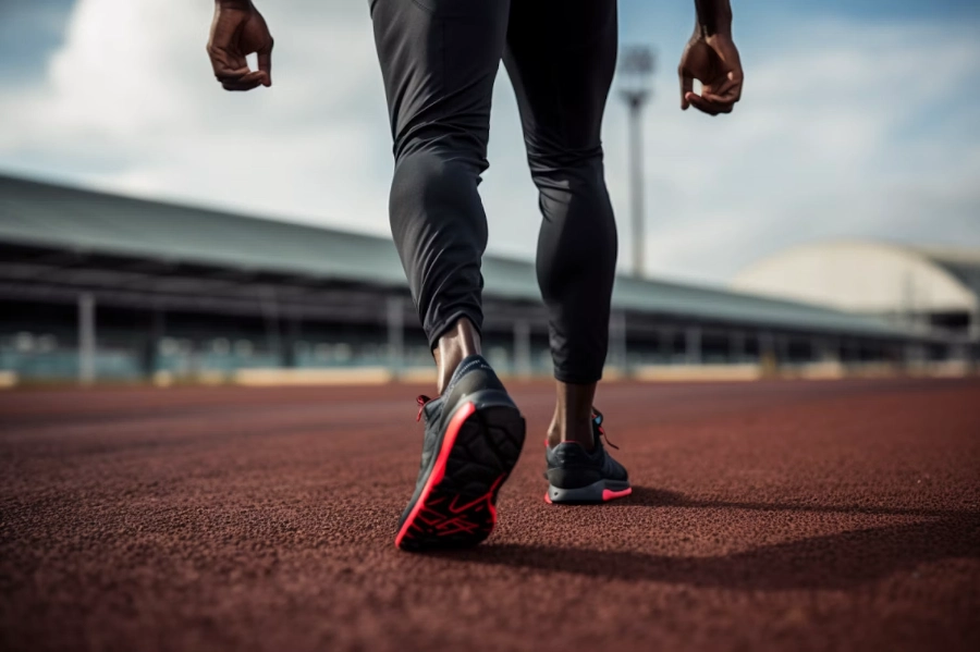 Athlete's legs in running shoes on a track, preparing for a race.