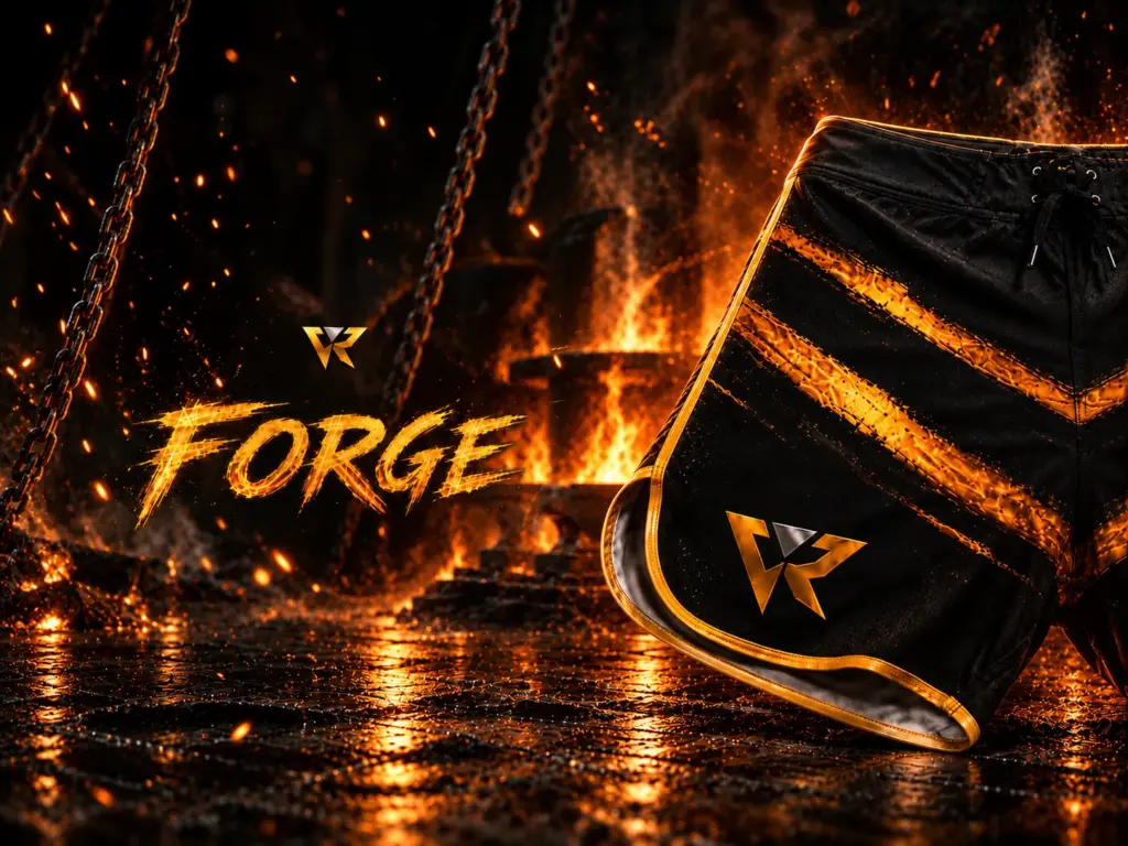 Black and orange "Forge" athletic shorts with a gold logo are displayed against a fiery, industrial background with sparks and chains, evoking a powerful, intense mood.