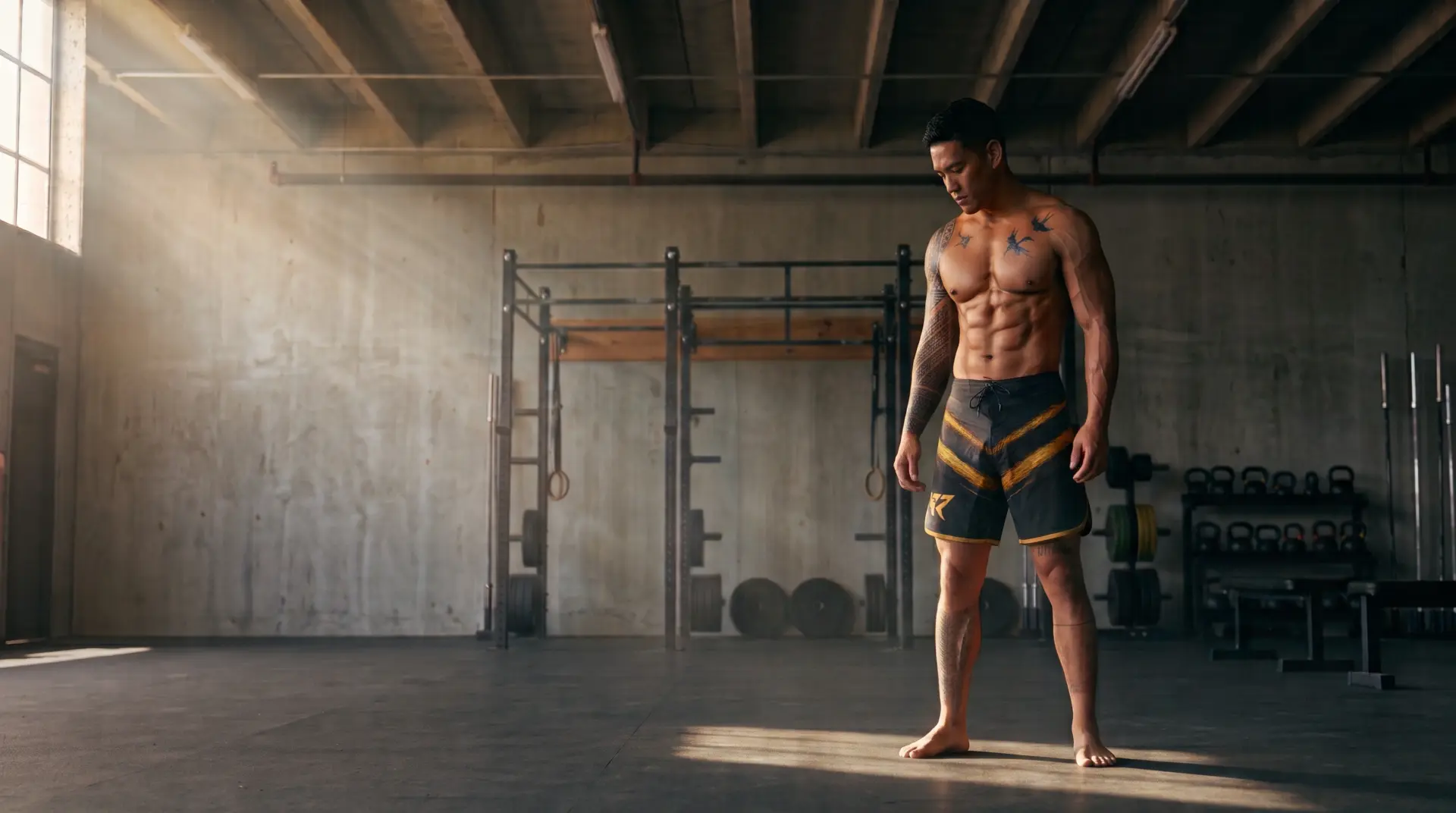 Tattooed man with ripped abs in gym shorts stands in a gritty, sunlit gym.