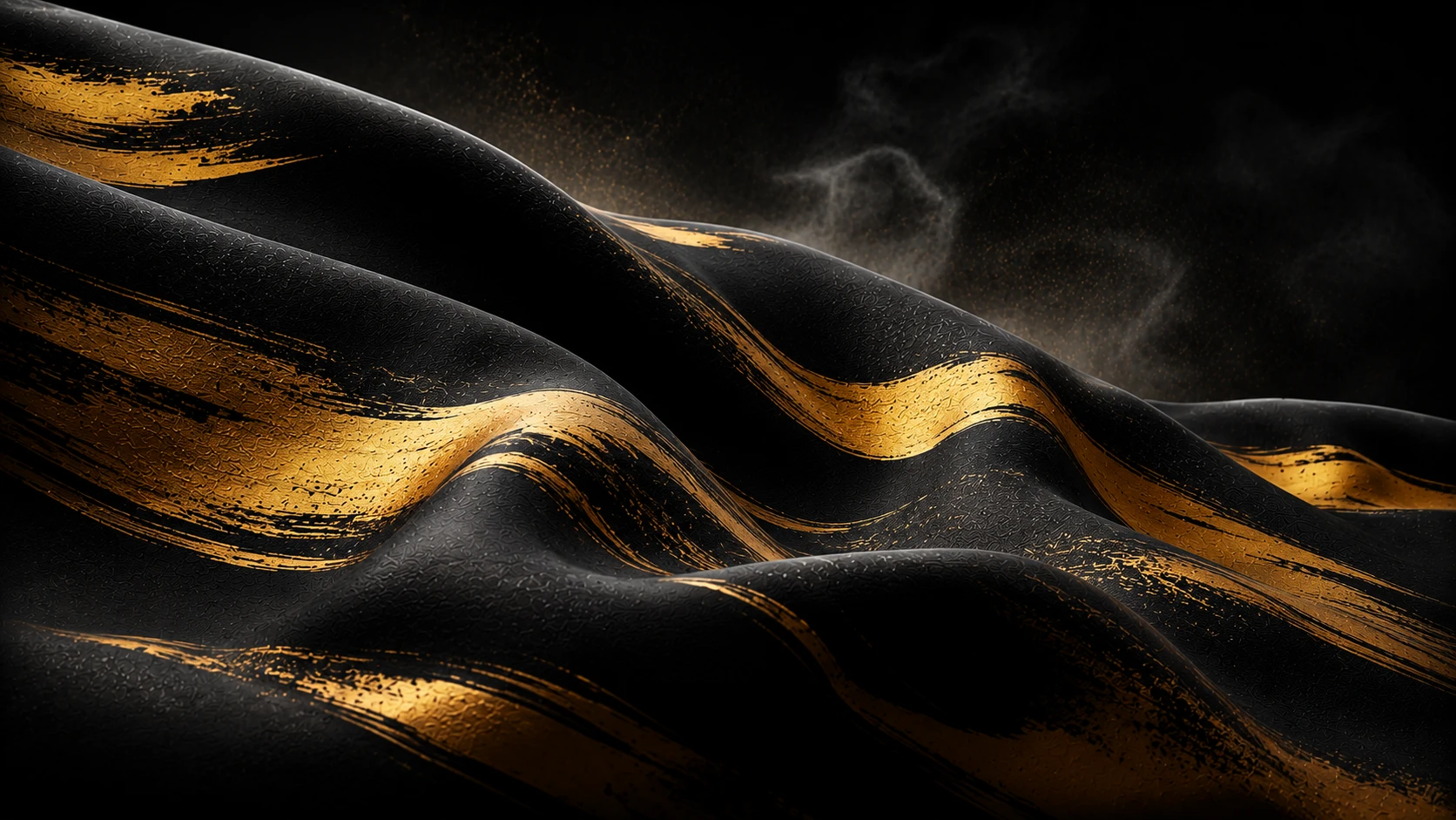 Luxurious black fabric with bold, textured gold brushstrokes flowing in elegant waves against a dark, smoky background.