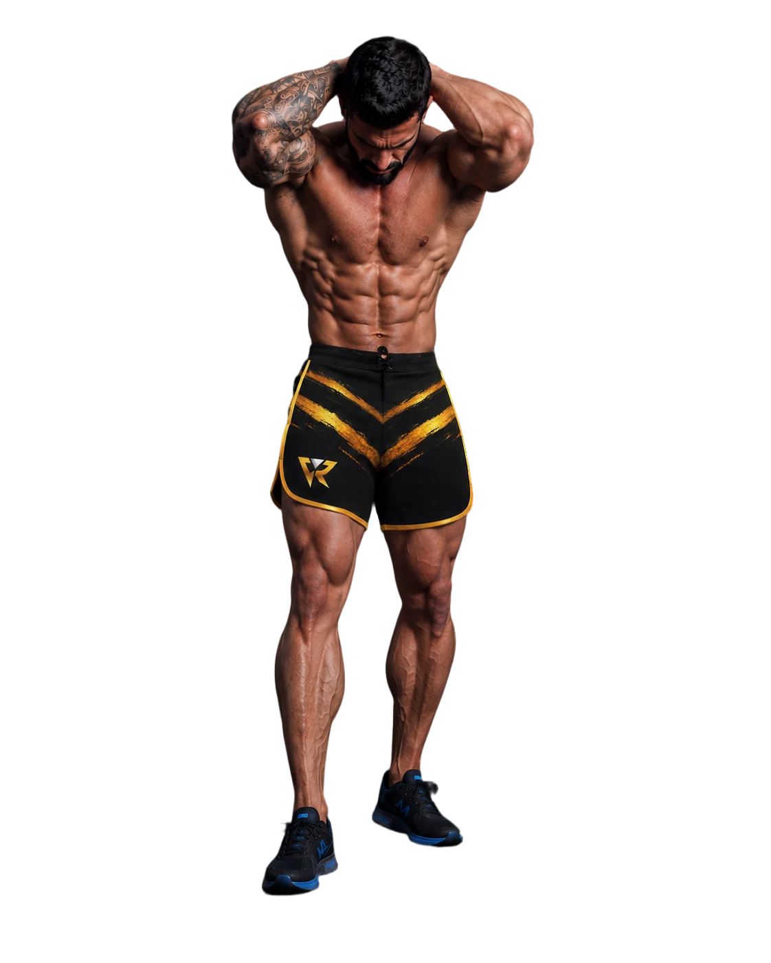 Muscular man with tattoos on arms and chest, wearing black and gold athletic shorts and blue sneakers, poses with hands behind head, showcasing physique.