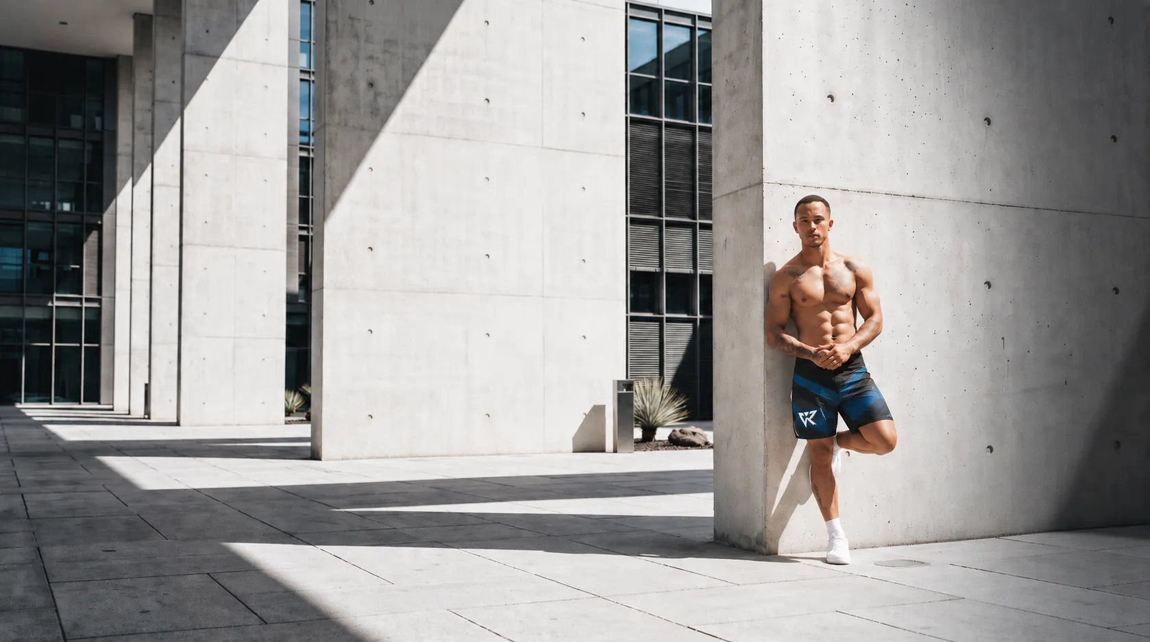 Muscular man in blue and black athletic Veyrant "Pulse" shorts and white sneakers leans against a concrete pillar outdoors, with modern architecture and geometric shadows in the background.
