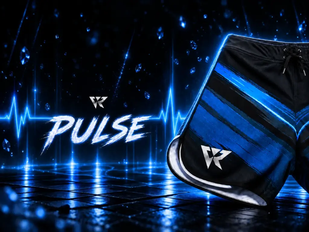 Black and blue athletic shorts with a "Veyrant" logo, set against a dark, futuristic background with glowing blue lines and abstract shapes.