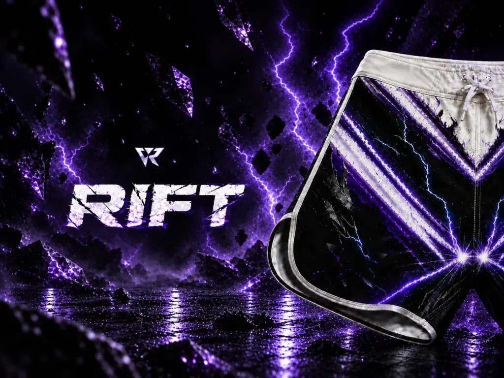 A pair of black and purple "RIFT" MMA shorts with lightning bolt accents, set against a dark, electric purple background with glowing "RIFT" logo.