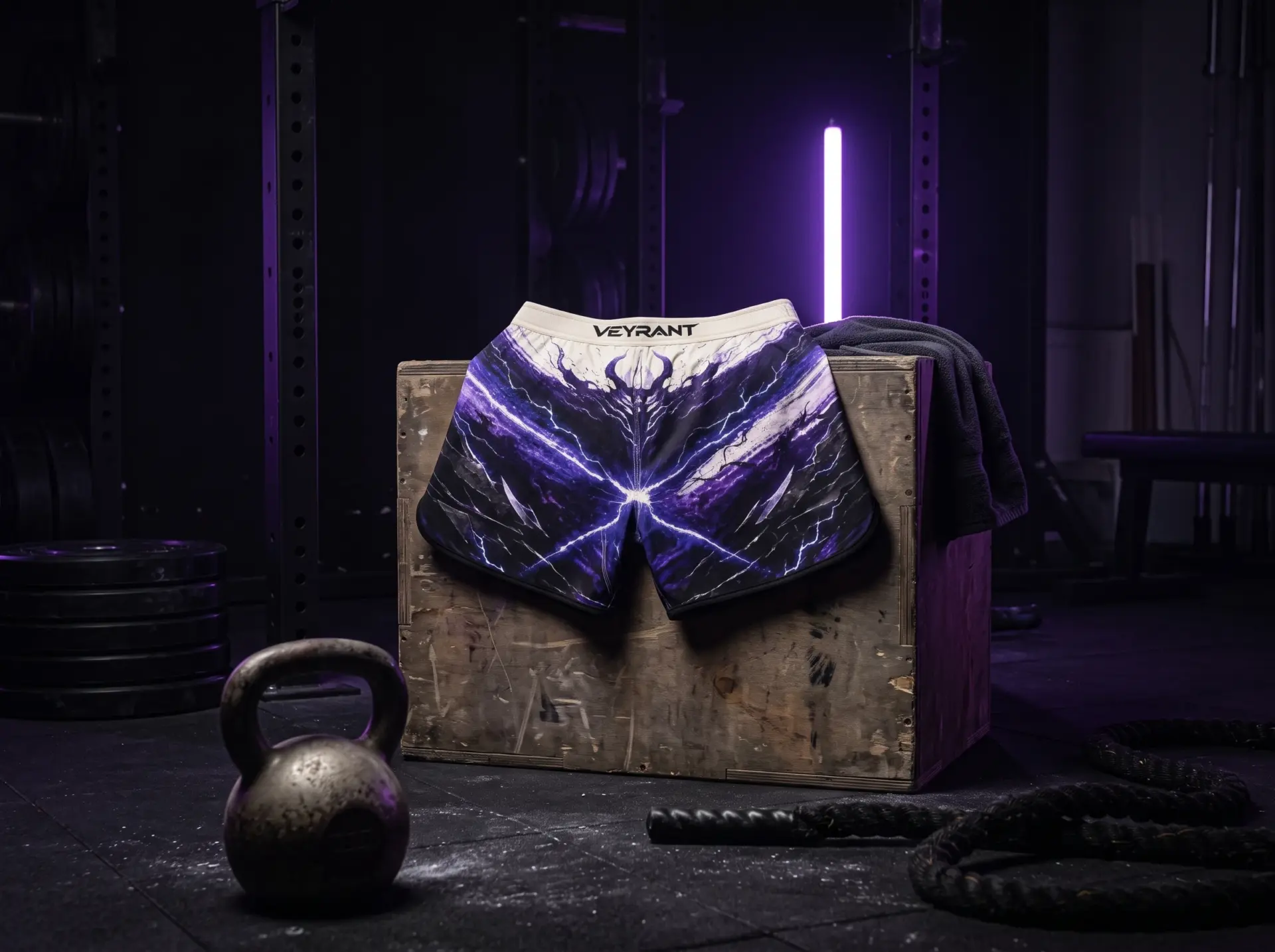 Veyrant MMA shorts with a lightning bolt design are displayed on a wooden crate in a dimly lit gym, with a kettlebell and rope in the foreground and purple lighting in the background.