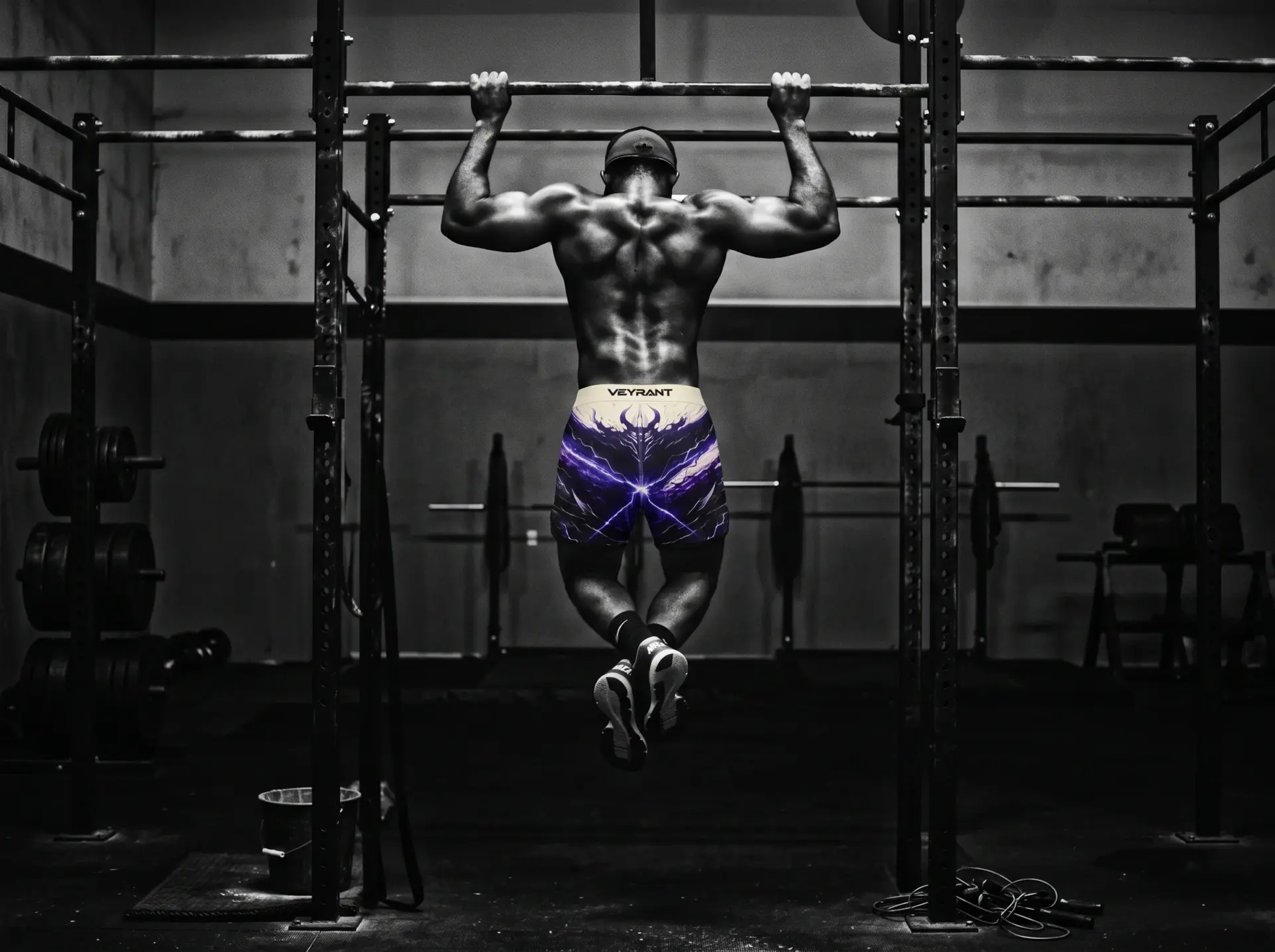 Muscular man performing a pull-up in a dark gym, wearing VEYRANT premium shorts with a lightning bolt design.