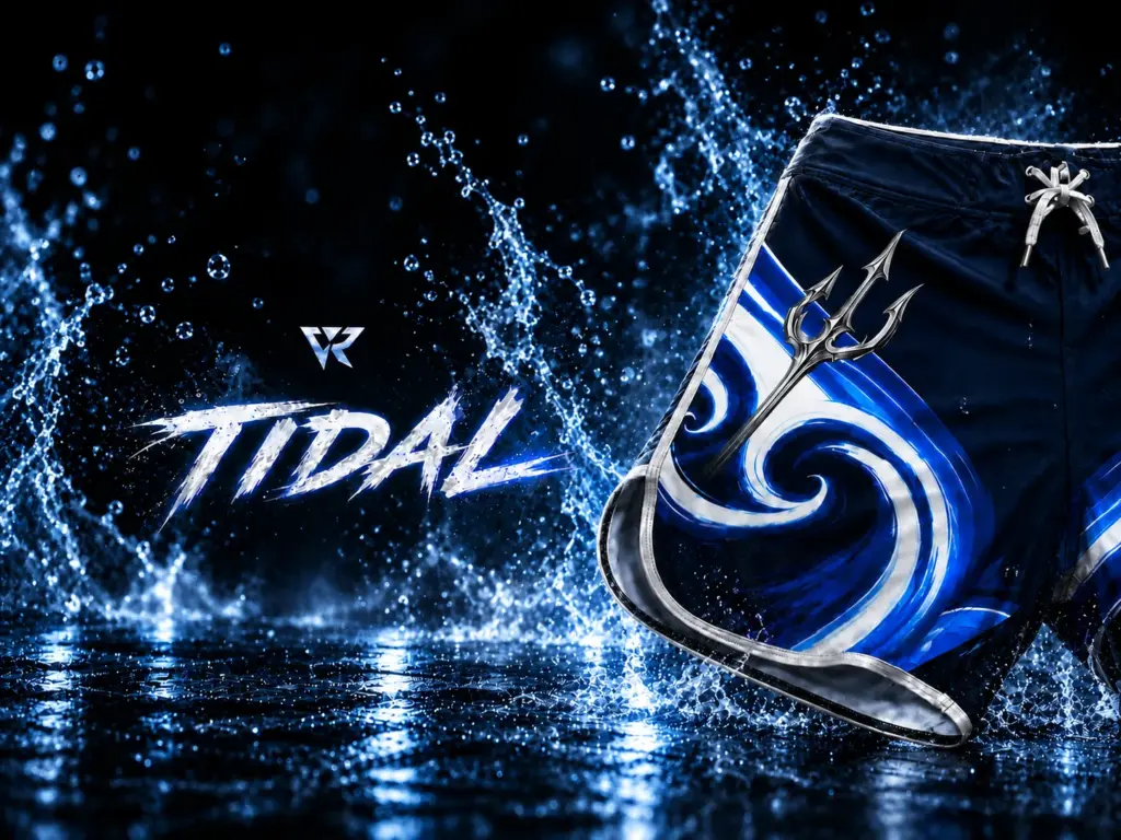 Dark blue Tidal swim shorts with a white and blue wave design and a silver trident design, displayed against a dark, watery background with splashes and ripples.