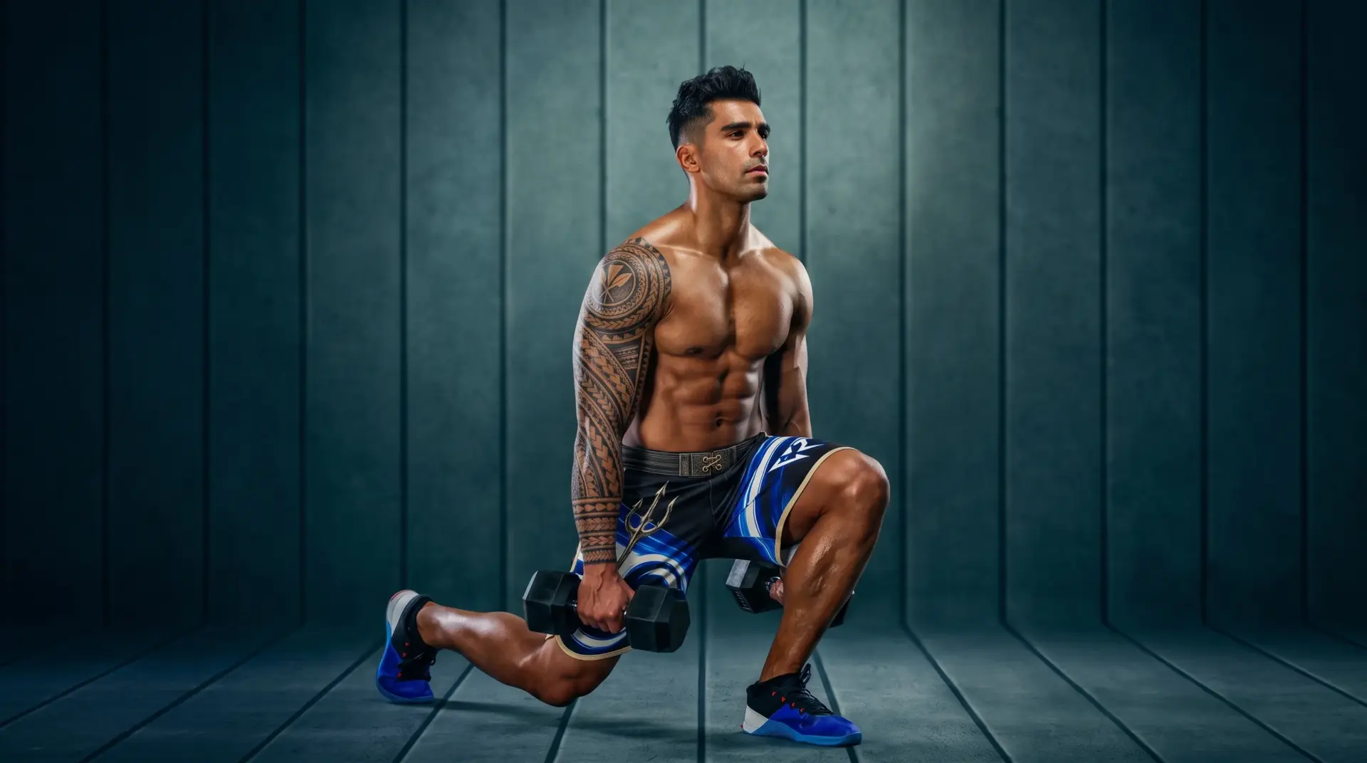 Muscular man with extensive arm tattoos performs a dumbbell lunge exercise, wearing blue and black athletic competitionshorts and blue and black sneakers. The workout scene is set against a textured, dark blue background with wooden floorboards.